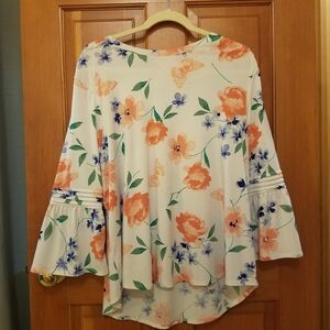 ELLE Floral Dress Shirt | Blouse with Bell Sleeves | Spring Florals With Ruffles